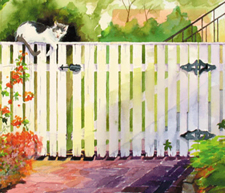 Painting of a cat named Rocky sitting on a fence
